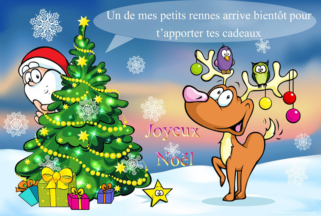 Carte virtuelle joyeuse avec un renne de Noël et décorations colorées